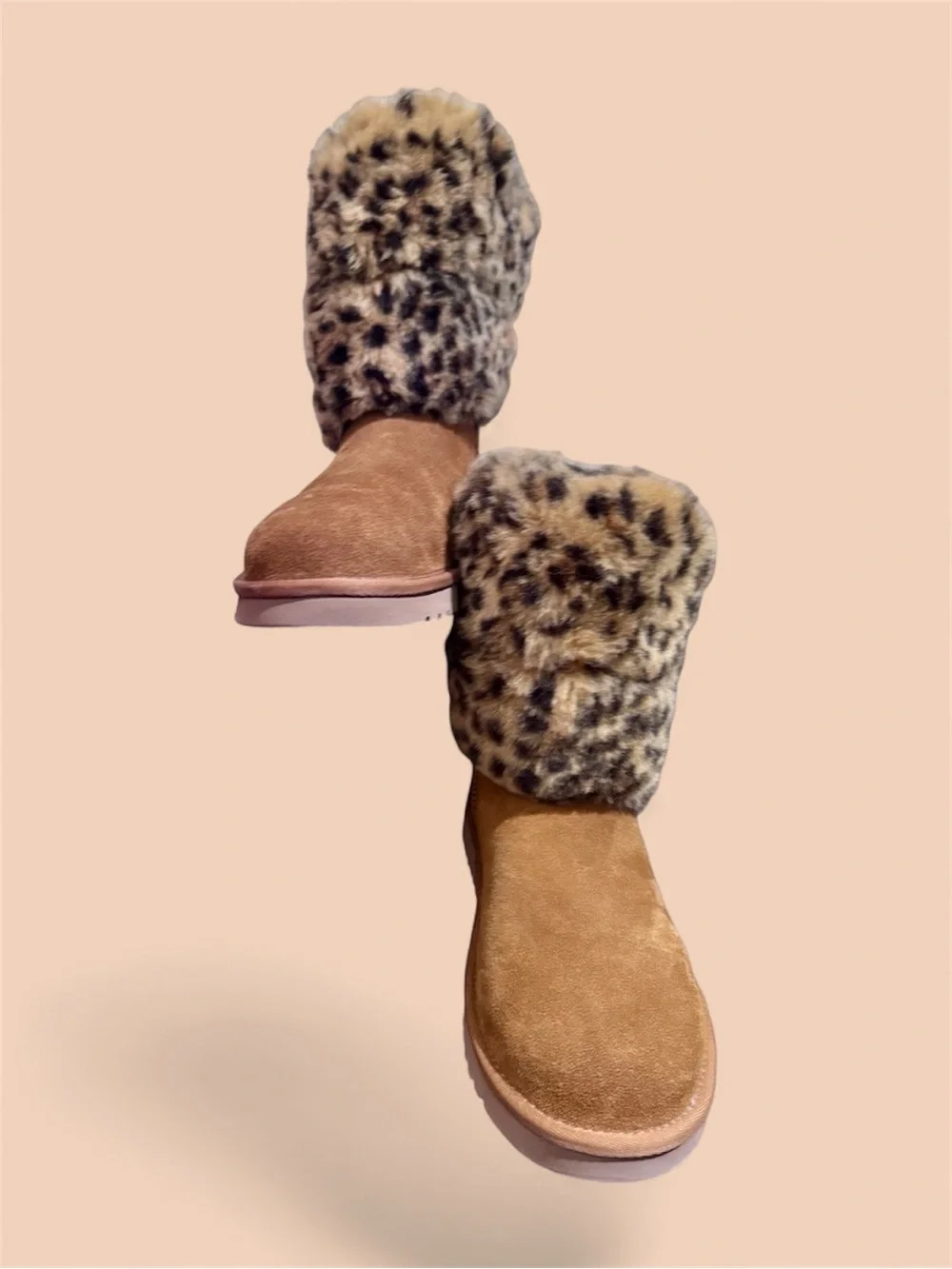 UGG Koolaburra Tan Suede Ankle Boots with Leopard Faux-Fur Cuff
